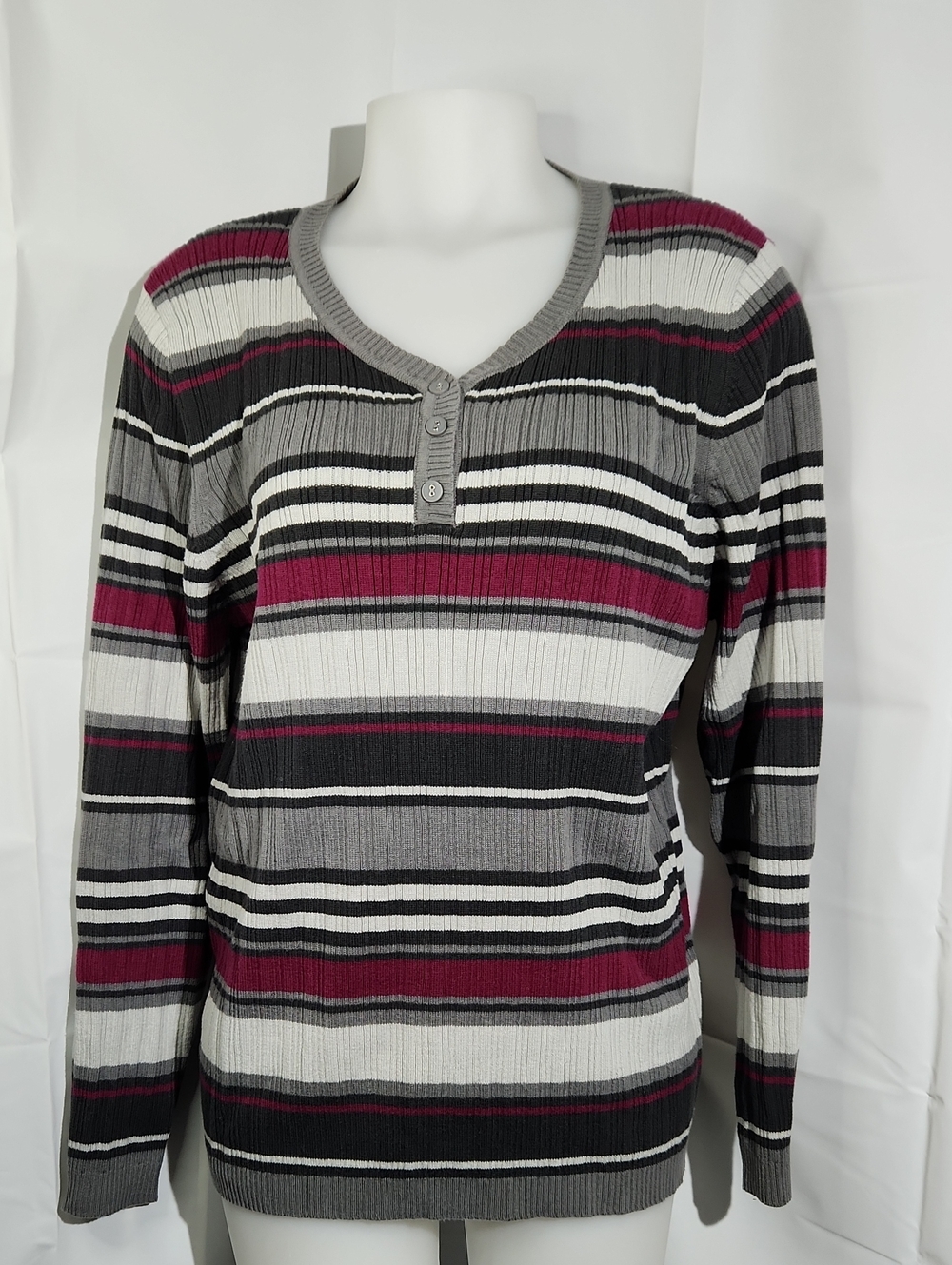 Carroll Reed Ribbed Henley Long Sleeve Top - Gray, White & Plum - XL